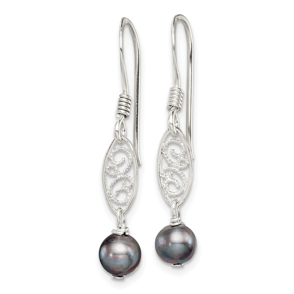 Sterling Polished Filigree 5 6mm Grey Freshwater Cultured Pearl Dangle Earrings - Picture 2 of 4